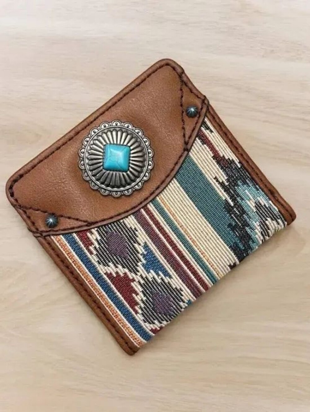 Justin Boots Leather & Southwestern Fabric Card Wallet with Turquoise Concho